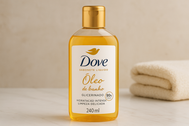 abonete Líquido Óleo de Banho Dove Glicerinado 240ml sobre bancada de banheiro.