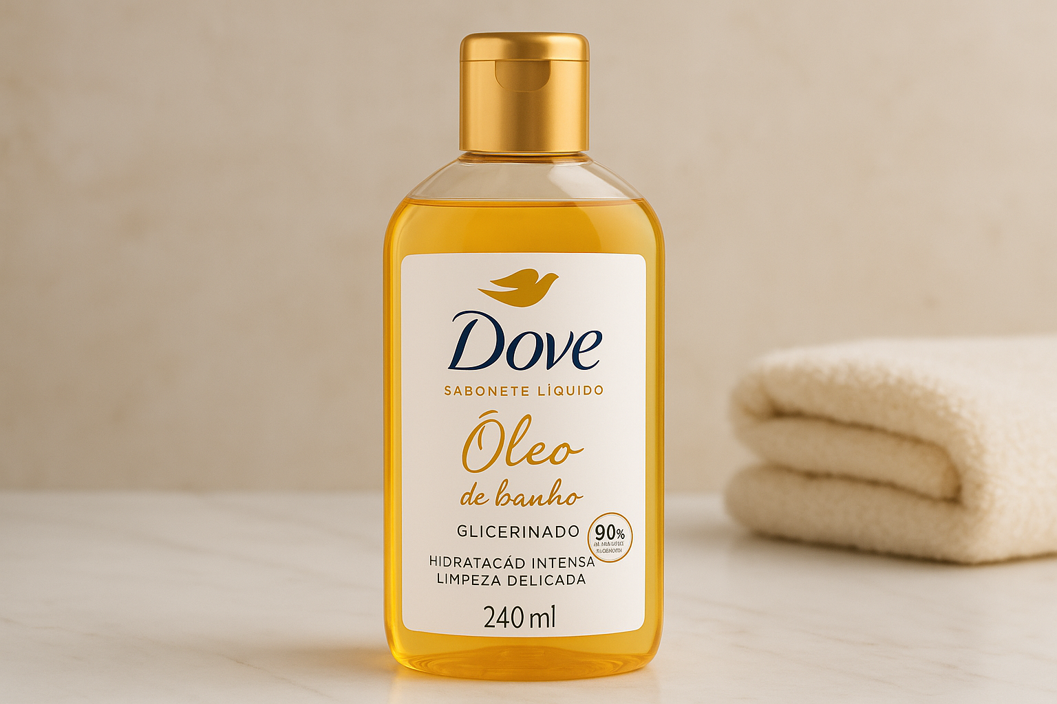 abonete Líquido Óleo de Banho Dove Glicerinado 240ml sobre bancada de banheiro.