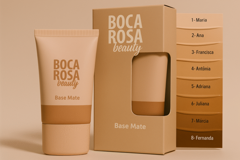 Base Mate Boca Rosa Beauty com embalagem e tons de pele variados.