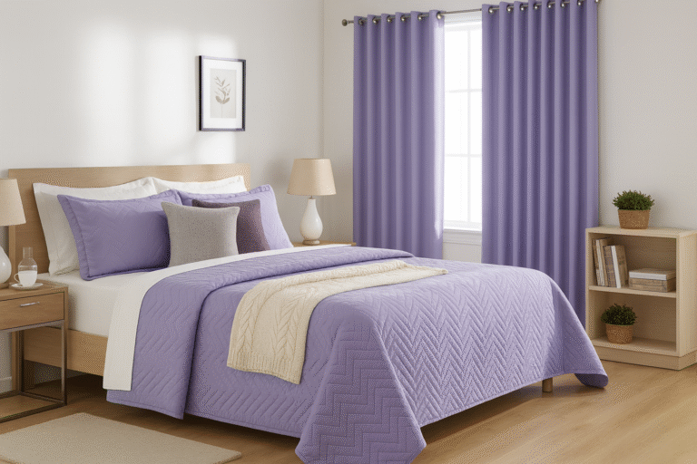 Cama de casal em quarto moderno, arrumada com a Colcha Cobre Leito Luxo lilás com textura matelassê e cortinas coordenadas.