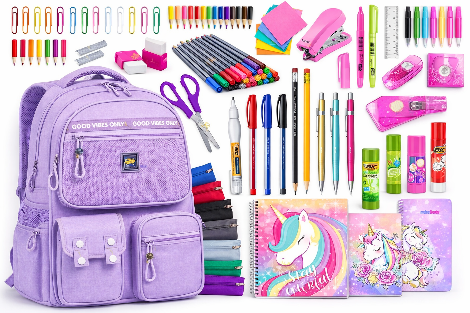 Mochila escolar com material escolar colorido organizado em fundo branco