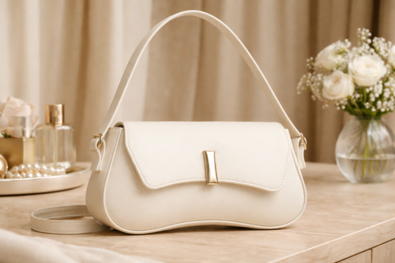 Bolsa feminina branca em couro sobre mesa de madeira em ambiente elegante e minimalista