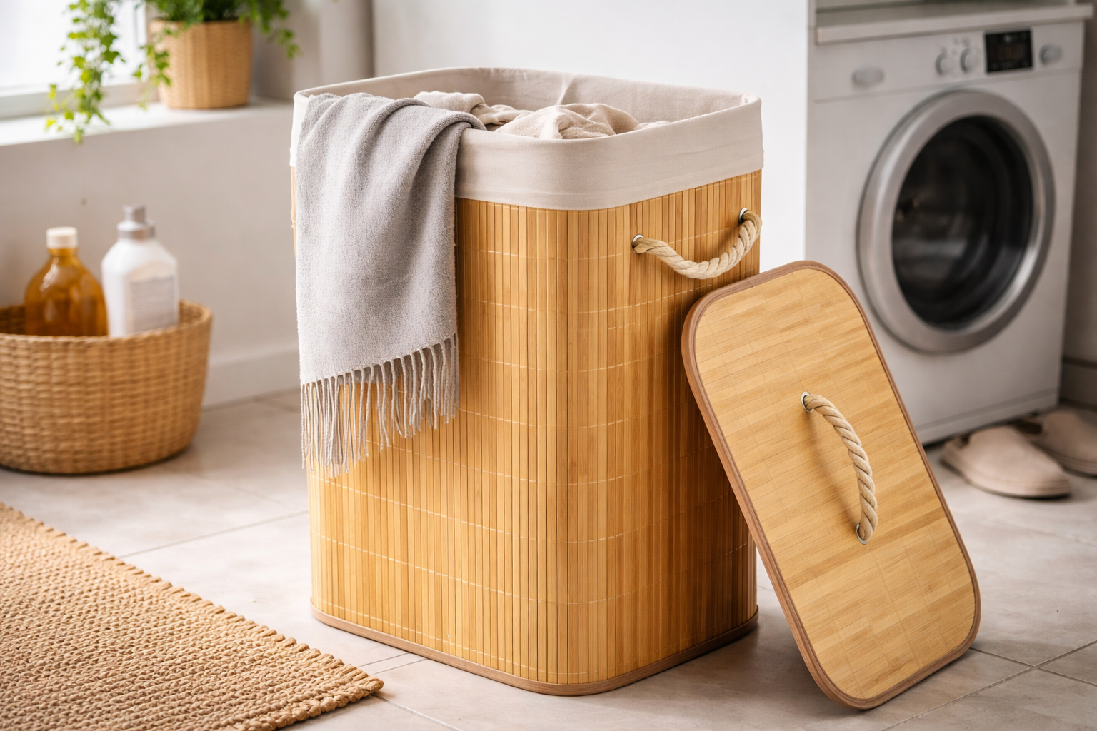 Cesto de roupa suja em bambu com tampa e forro de tecido em lavanderia moderna