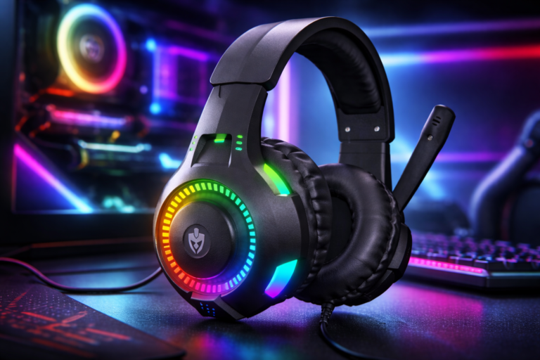 Headset gamer preto com iluminação RGB e microfone ajustável em ambiente gamer moderno