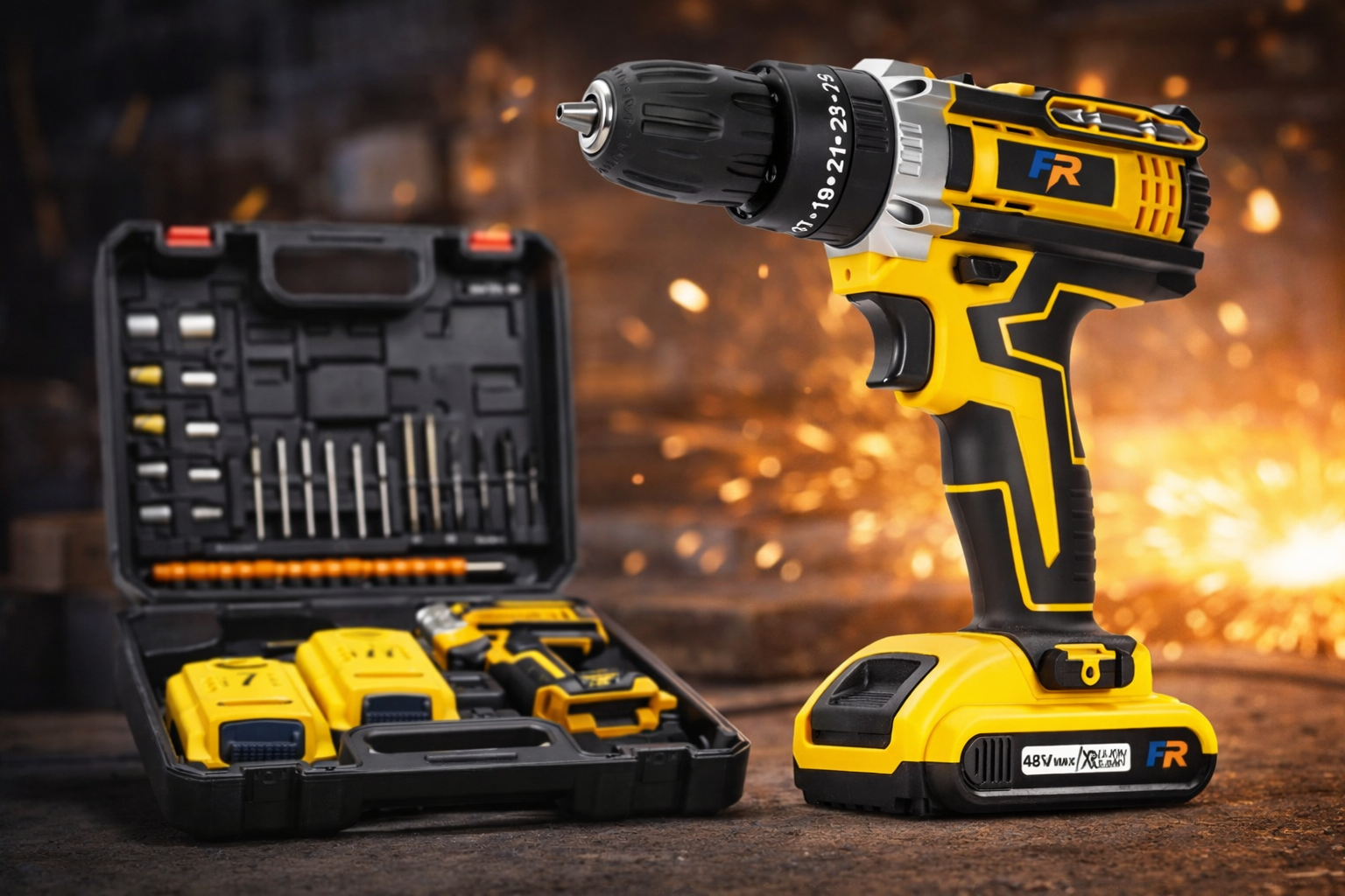 Furadeira de impacto sem fio amarela e preta com maleta de acessórios em ambiente de oficina.